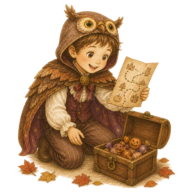 フクロウの仮装で宝の地図を見る女の子（背景透過PNG）