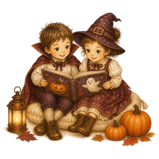 かぼちゃのそばでハロウィン絵本を読む男の子と女の子（背景透過PNG）