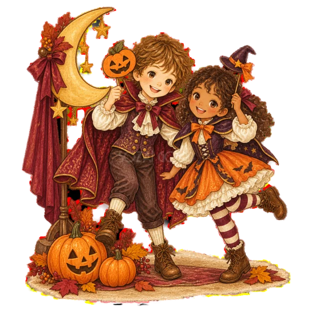 月とかぼちゃの飾り前でポーズをとる仮装した子ども（背景透過PNG）