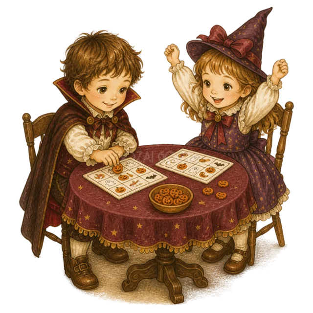 テーブルでハロウィンのカードゲームをする子ども2人（背景透過PNG）
