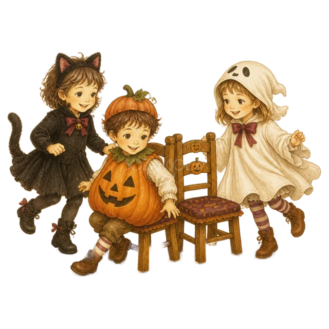 黒猫・かぼちゃ・おばけの仮装で椅子取りゲームをする子ども（背景透過PNG）