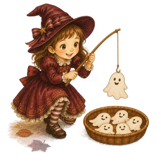 魔女姿でおばけ釣りゲームを楽しむ女の子（背景透過PNG）