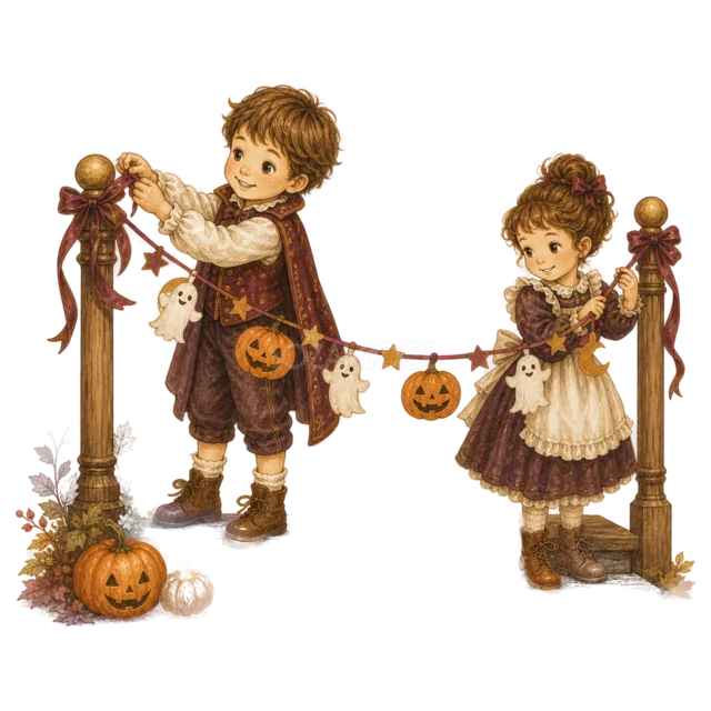 おばけとかぼちゃのガーランドを飾る男の子と女の子（背景透過PNG）