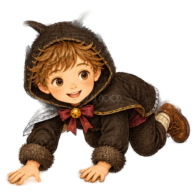 黒猫の仮装でハイハイする笑顔の子ども（背景透過PNG）