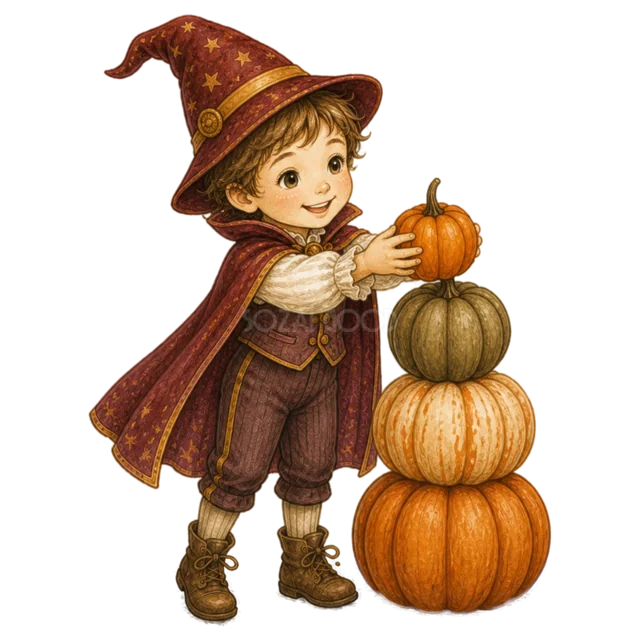 魔法使い姿でかぼちゃを積み上げる男の子（背景透過PNG）