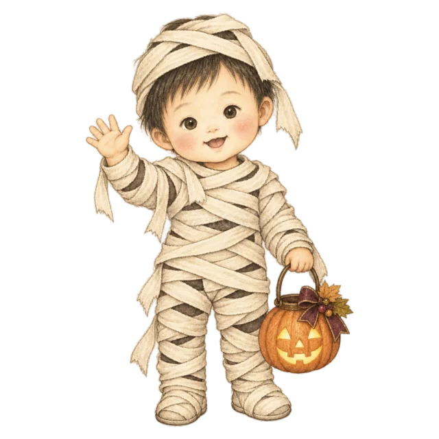 ミイラの仮装でかぼちゃバケツを持つ笑顔の赤ちゃん（背景透過PNG）