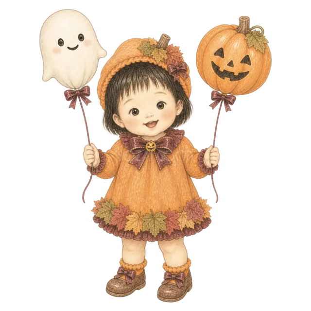 おばけとかぼちゃの風船を持つパンプキン姿の赤ちゃん（背景透過PNG）