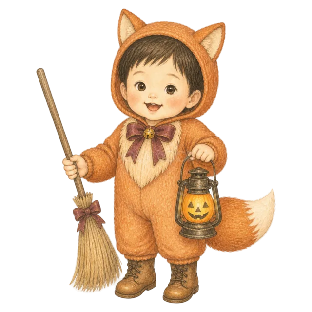 キツネの仮装でほうきとランタンを持つ子ども（背景透過PNG）