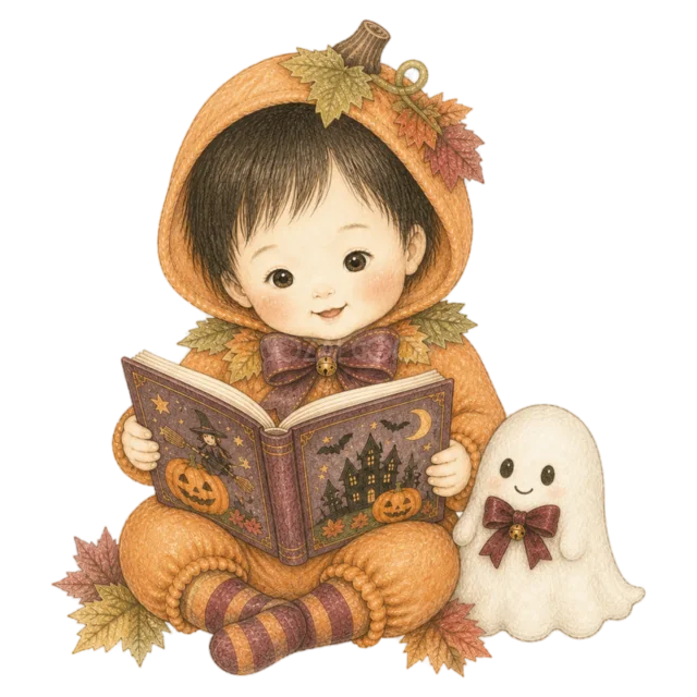 おばけと一緒にハロウィン絵本を読むかぼちゃ姿の子ども（背景透過PNG）