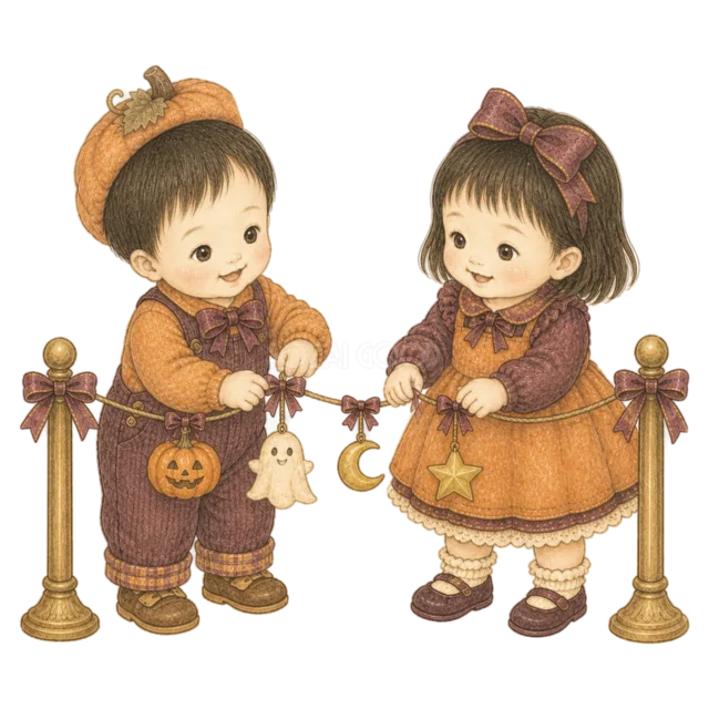ハロウィンガーランドを一緒に飾る男の子と女の子（背景透過PNG）