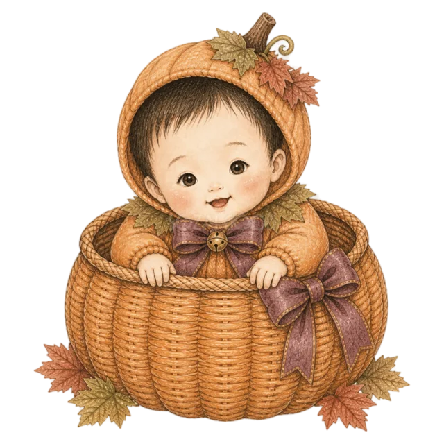 大きな籐かごから顔を出すかぼちゃ姿の赤ちゃん（背景透過PNG）