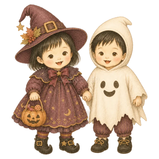 魔女とおばけの仮装で並ぶ仲良しの子ども2人（背景透過PNG）
