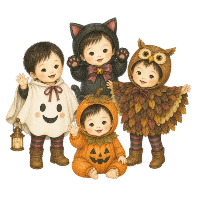おばけ・黒猫・かぼちゃ・フクロウに仮装した子ども5人（背景透過PNG）