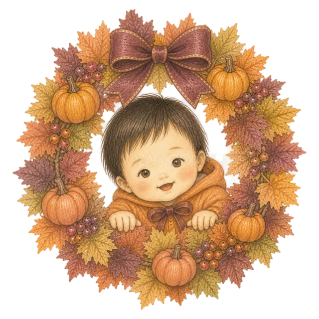 紅葉とかぼちゃのリースから顔を出すかわいい赤ちゃん（背景透過PNG）