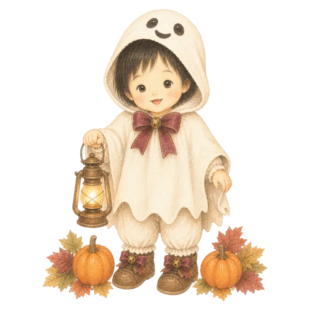 おばけの仮装でランタンを持つかわいい子ども（背景透過PNG）