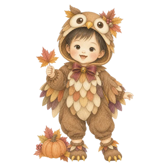フクロウの仮装で紅葉を持つかわいい子ども（背景透過PNG）