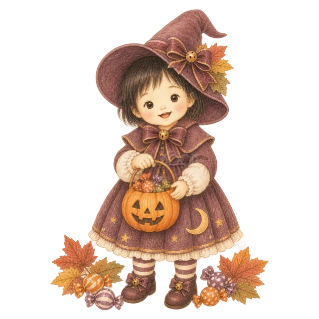 魔女の仮装でかぼちゃバケツを持つ女の子（背景透過PNG）