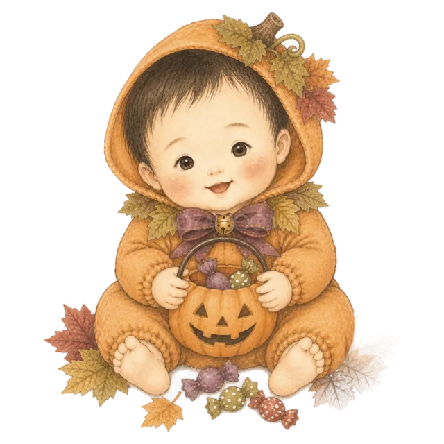 かぼちゃの仮装でお菓子バケツを抱える赤ちゃん（背景透過PNG）