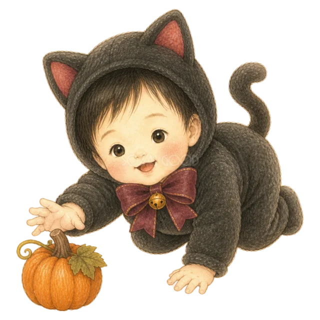 黒猫の仮装でかぼちゃを持つハイハイの赤ちゃん（背景透過PNG）