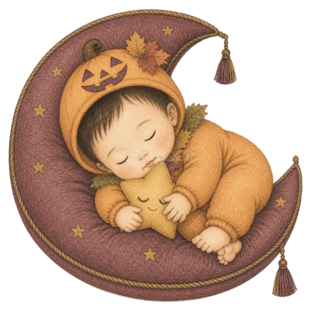 三日月形のクッションで眠るかぼちゃ姿の赤ちゃん（背景透過PNG）