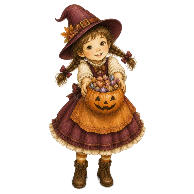 魔女の仮装でかぼちゃバケツいっぱいのお菓子を持つ女の子（背景透過PNG）