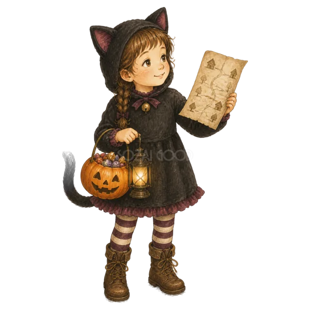 黒猫の仮装で宝の地図とランタンを持つ女の子（背景透過PNG）