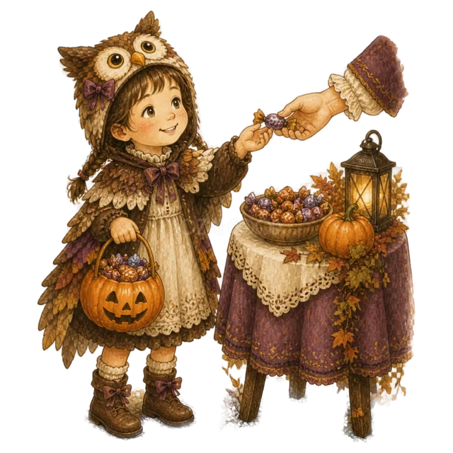 フクロウの仮装でテーブルのお菓子を受け取る女の子（背景透過PNG）
