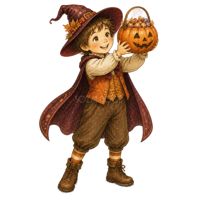 魔法使いの仮装でかぼちゃバケツを掲げる男の子（背景透過PNG）