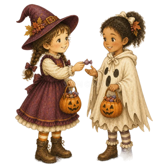 魔女姿の女の子がおばけ姿の友だちにお菓子を渡すイラスト（背景透過PNG）