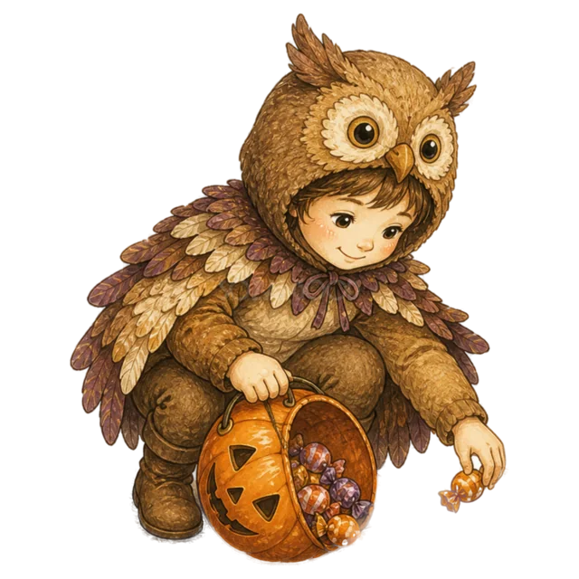 フクロウの仮装でかぼちゃバケツにお菓子を入れる子ども（背景透過PNG）