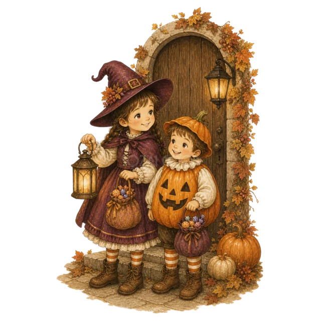 玄関先に並ぶ魔女姿とかぼちゃ姿の子ども（背景透過PNG）
