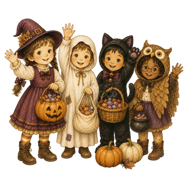 魔女・おばけ・黒猫・フクロウの仮装で手を振る子ども4人（背景透過PNG）