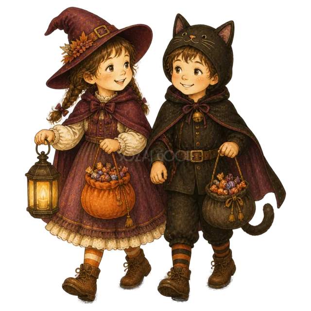 魔女と黒猫の仮装で一緒に歩く子ども2人（背景透過PNG）