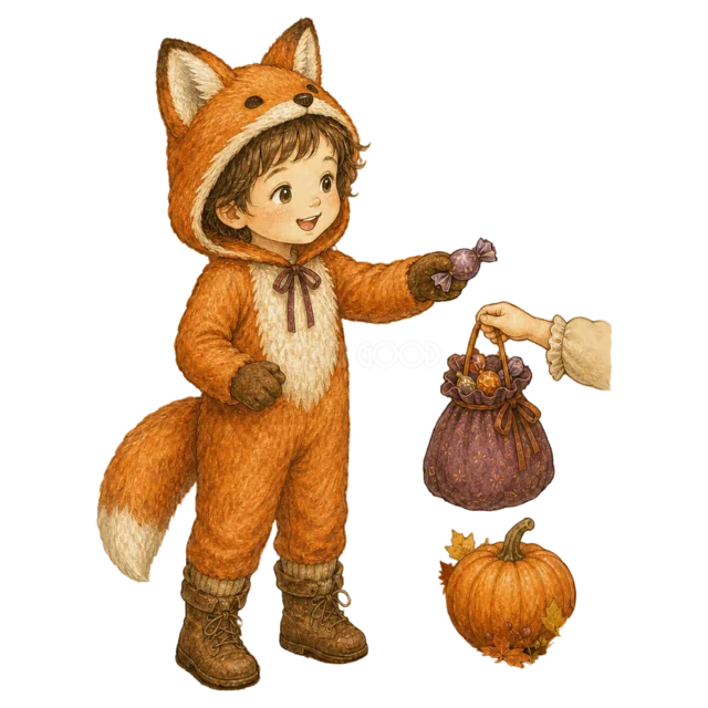 キツネの仮装でお菓子を受け取る子ども（背景透過PNG）