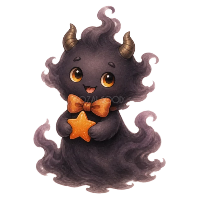 オレンジの星を抱える黒い影のおばけモンスター（背景透過PNG）