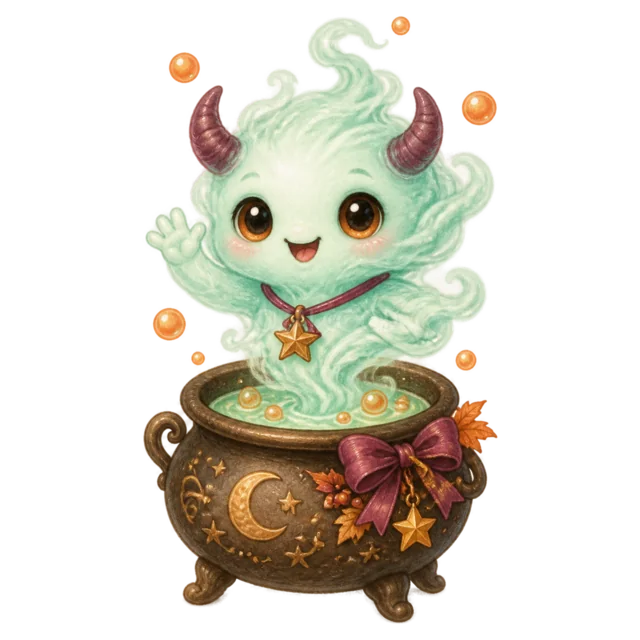 魔法の大釜から現れる緑色の炎のおばけ（背景透過PNG）