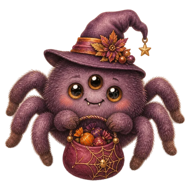 魔女帽子をかぶりお菓子バッグを持つ紫色のクモ（背景透過PNG）