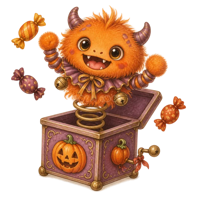 びっくり箱から飛び出すオレンジ色のハロウィンモンスター（背景透過PNG）