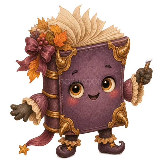 秋の花を飾った紫色の魔法書モンスター（背景透過PNG）