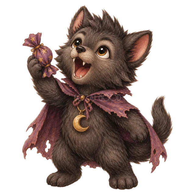 キャンディを掲げるオオカミ男のかわいいハロウィンイラスト（背景透過PNG）