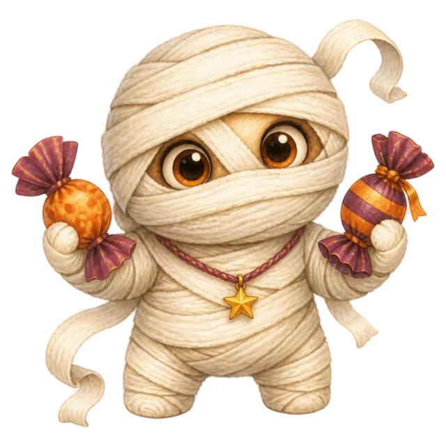 両手にキャンディを持つかわいいミイラのハロウィンイラスト（背景透過PNG）