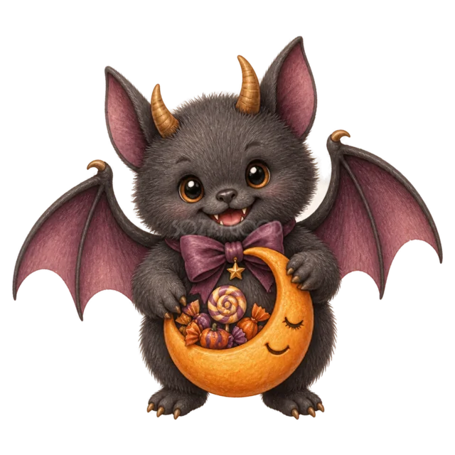 三日月のお菓子バッグを抱える黒いコウモリモンスター（背景透過PNG）