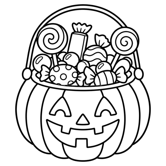キャンディ入りジャックオランタンバスケットの塗り絵（白黒線画PNG）