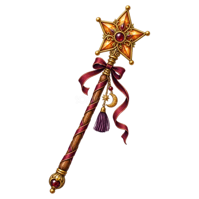 宝石と紫リボンを飾った星形の魔法の杖（背景透過PNG）