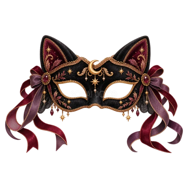 宝石と紫リボンを飾った黒猫の仮面（背景透過PNG）