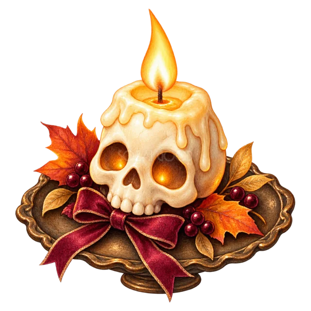 ドクロ形のろうそくと紅葉のハロウィン飾り（背景透過PNG）