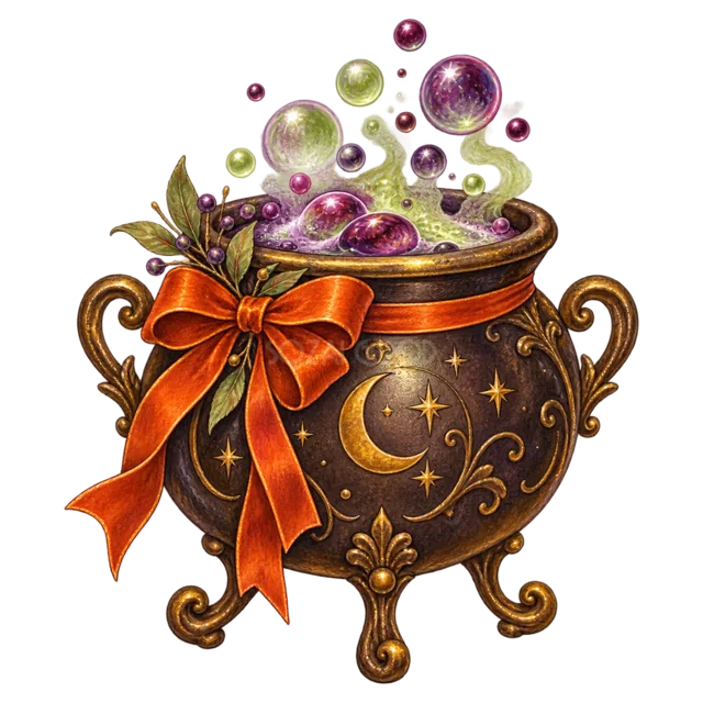 紫色の魔法薬が泡立つ黒い大釜とオレンジリボン（背景透過PNG）