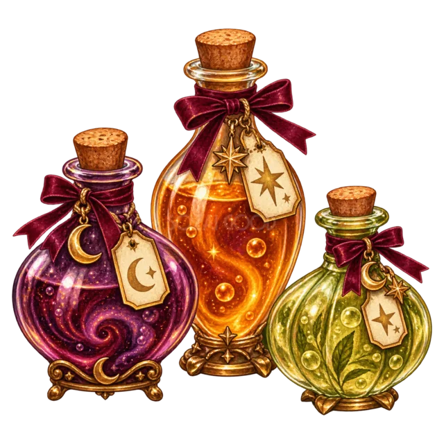 紫・オレンジ・緑の魔法薬が入ったガラス瓶3本（背景透過PNG）