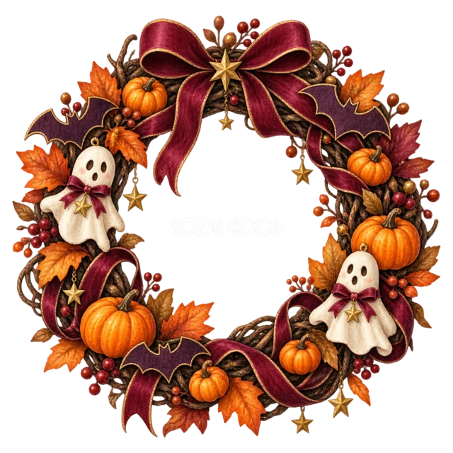 おばけ・かぼちゃ・紅葉を飾ったハロウィンリース（背景透過PNG）