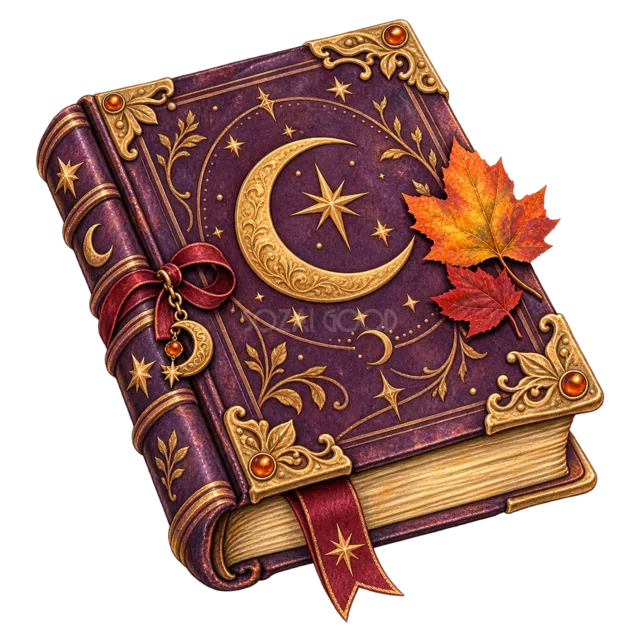 三日月と星を描いた紫色のアンティーク魔法書（背景透過PNG）